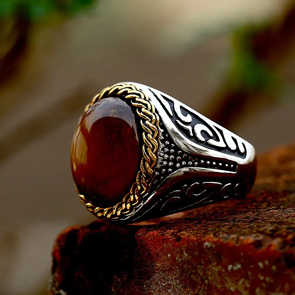 Vintage Man Boy Oval Brown Tiger Eye Stone Rings Punk 14K Gold Carved Ring Fashion Gothic Biker smycken Presenttillbehör