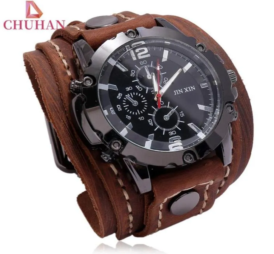 Montre-bracelets Chuhan Fashion Punk Bracelet en cuir large montres bracelet brun noir pour hommes vigne-bracelet horloge bijoux C6299393358