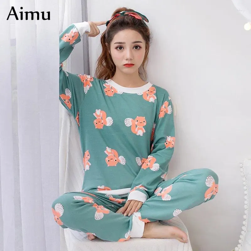 Accueil Vêtements automne confortable mince coton pyjama set girl mignon imprimé femmes pyjamas à manches longues pour femmes pijima pijima