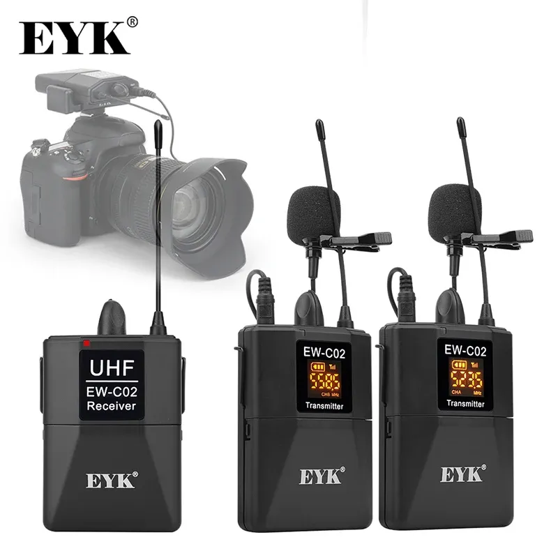 三脚eyk ewc02 30チャンネルUHFワイヤレスデュアルラバリエマイクシステム60m DSLRカメラ電話インタビュー録音録音ラペルマイク