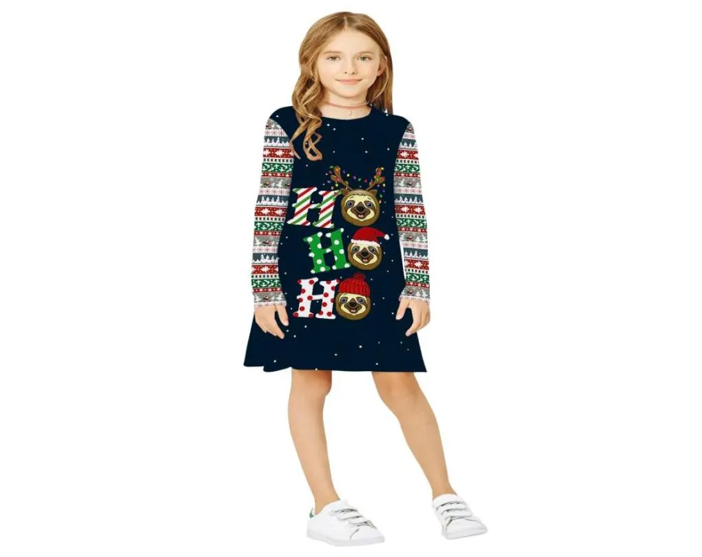Popular Elk Horn Christmas Digital Print Children039s Wear Round Neck Long Sleeve Dress Autumn New Children039s Skirt9992688