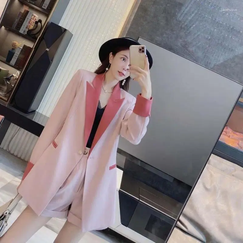 Calças de duas peças femininas conjunto de blazer rosa 2024 Spring Ladies Patchwork Coat Troushers Poupes Suits Jacket com curto