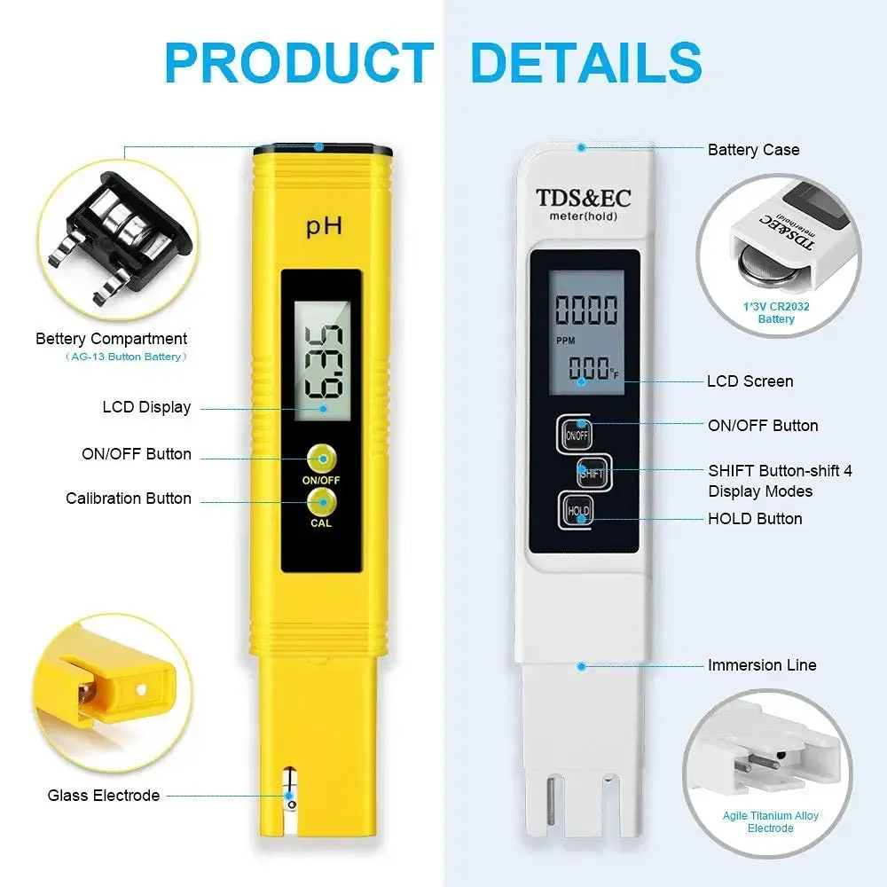 TDS-mätare Digital Water Tester Högnoggrannhet Digital 0-14 PH Meter Tester 0-9990ppm TDSec LCD Water Purity PPM Aquarium Filter