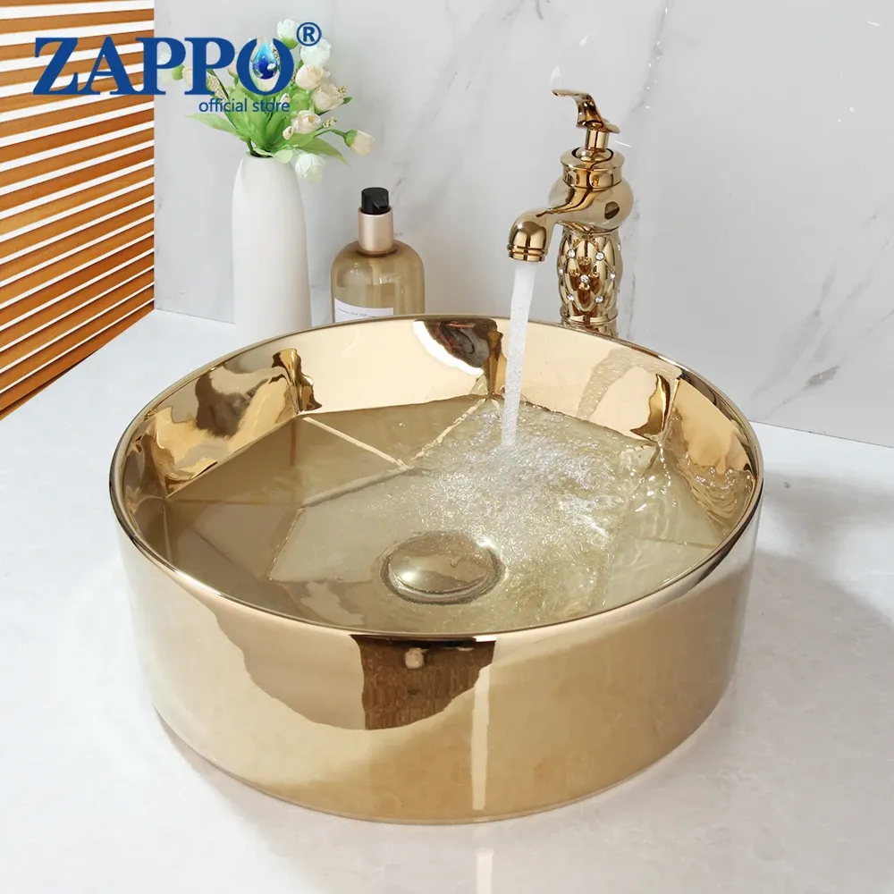 Zappo Luxury Golden Finisht Bathroom Round Ceramic Basin Sink Lavatory Faucet Combo Washbasin Sink Mixer w/ Pop Drain Kits