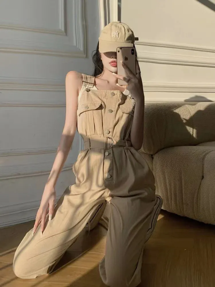 Frühlings Sommer Mode Khaki hohe Taille ärmellose Weitbein Jumpsuit Lose Knopf Straight Gurt Long Pant Casual 240409