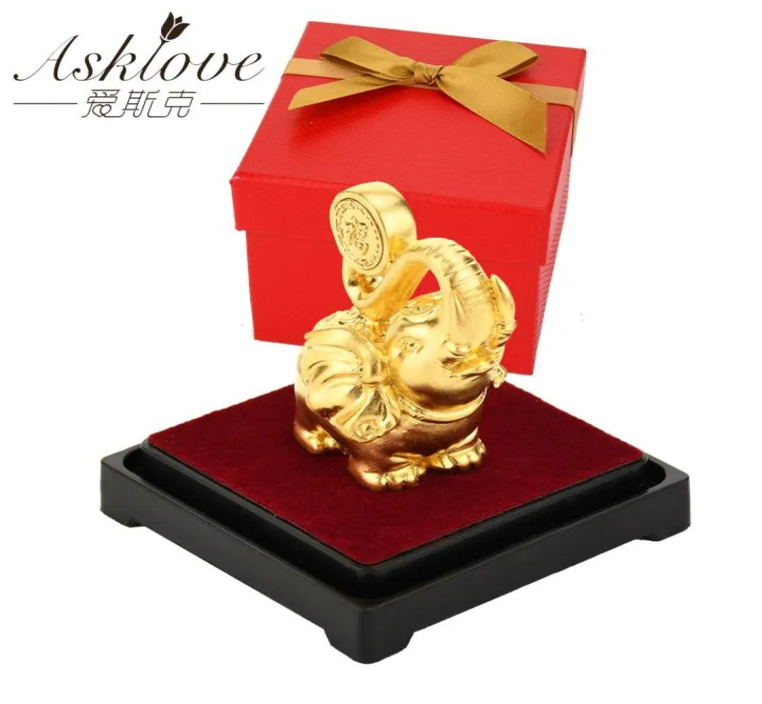 Lucky Feng Shui 24K Gold Foil Elephant Statue Figurine Ornament Rzemiosła Zbieranie bogactwa domowego biura wystroju T2006241229933