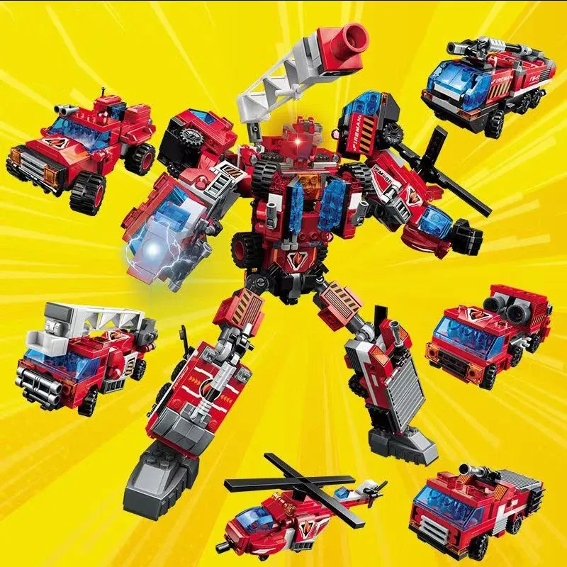 496pcs Transformer les blocs de construction du robot 6 en 1 City Fire Truck Assembly Toys Toys War Model Model Bricks Kids Holiday G