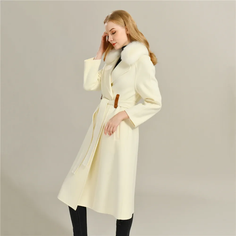 Luxyonuo laine longue trench coat Femmes automne et hiver retiminant collier double face cachemire manche en laine ceinture