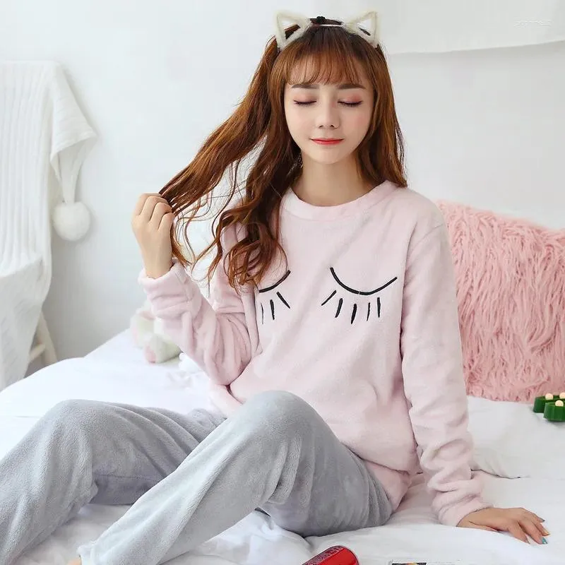 Home Clothing JINUO Simple Winter Women Sleepwear Flannel Female Pajama Long Sleeve Warm Pajamas For Velvet Pyjama Soft