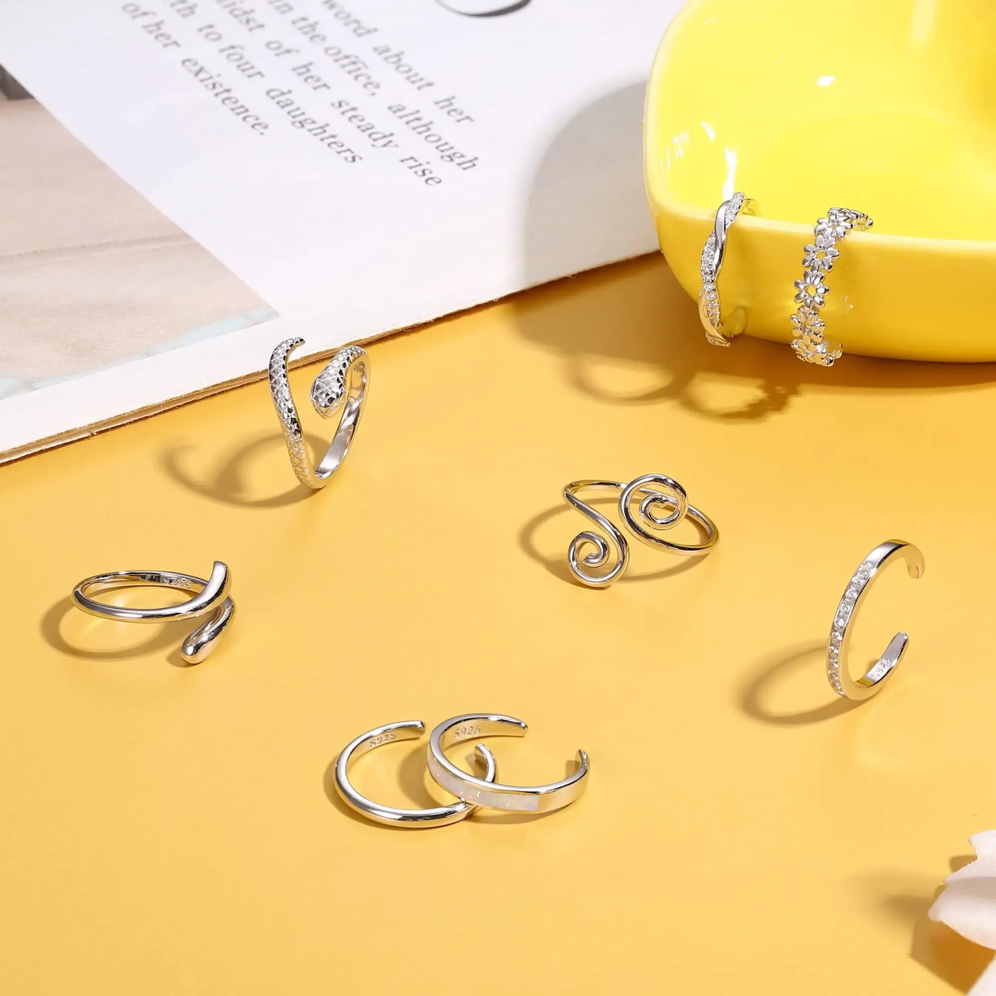 Fansilver 925 Sterling Silver Toe Rings for Women Justerbart vitt guldpläterat Flower CZ Snake Twist Opal Band Rings smycken