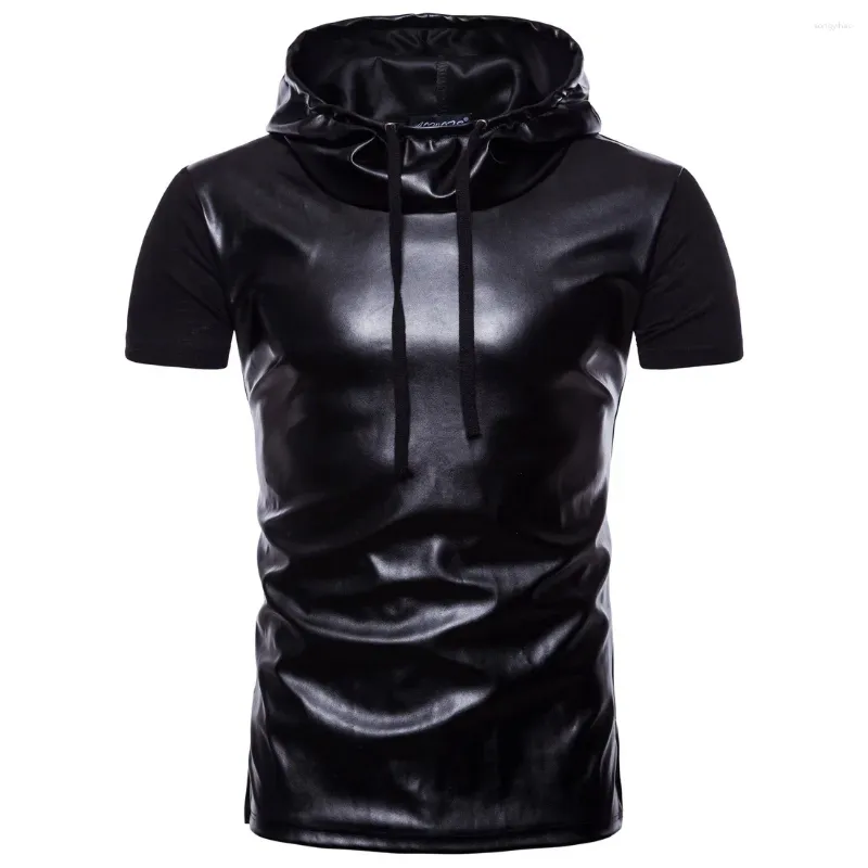 Jackets masculinos verão preto de camiseta de couro curto preto tendência com capuz