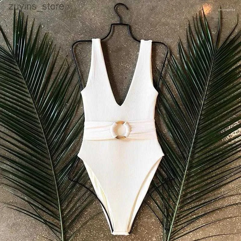 Womek kąpielowy damski swich stroju kąpielowego 2023 Białe żebrowane kobiety One Piece Swimsuit Kobieta Bather Sexy High Cut Monokini Pierścienie Kąpiel Kąpiec Swim Bodysuit L49