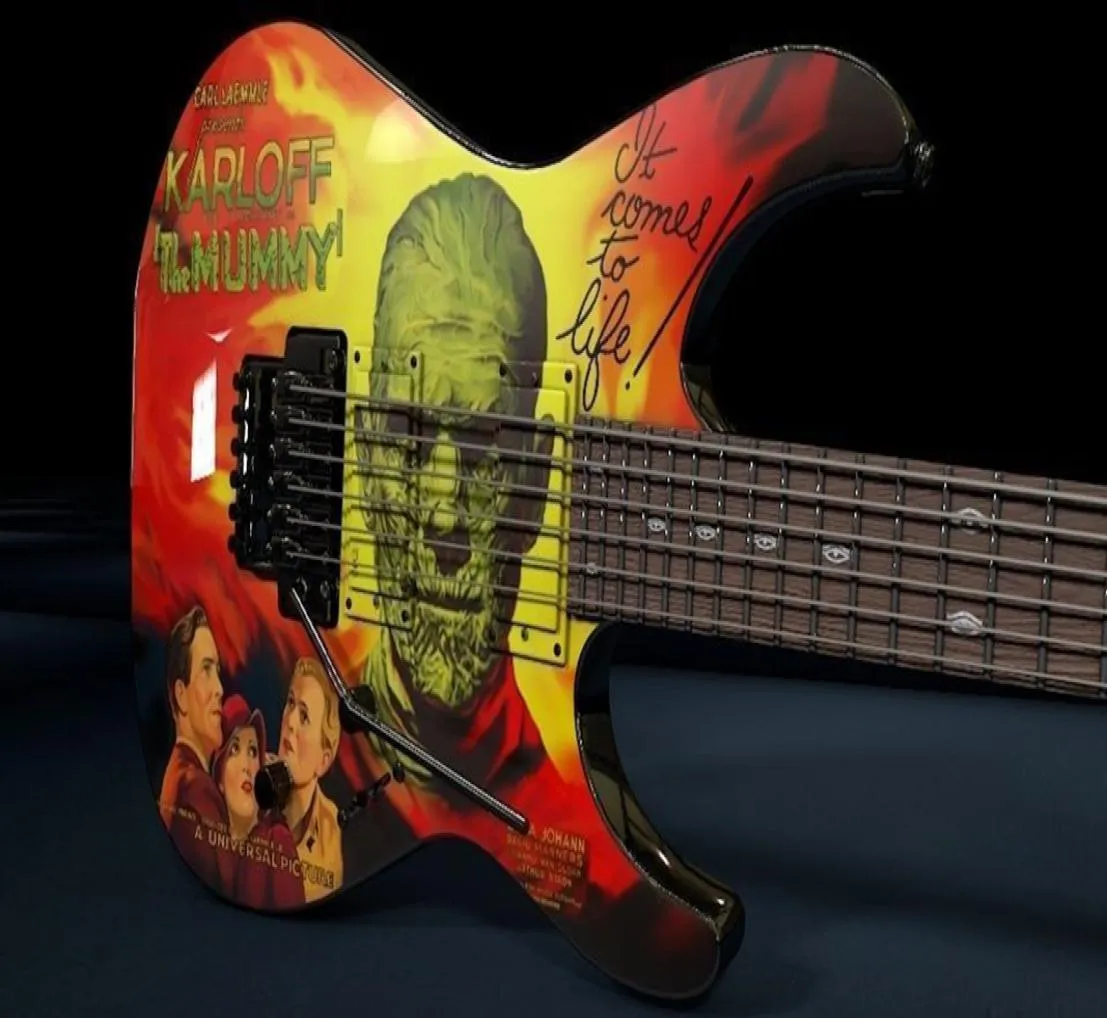 Promotie Kirk Hammett Ltd KH3 Karloff Mummy Electric Guitar Painted Airbrushed by Eye Kandi Floyd Rose Tremolo Bridge Black1528962