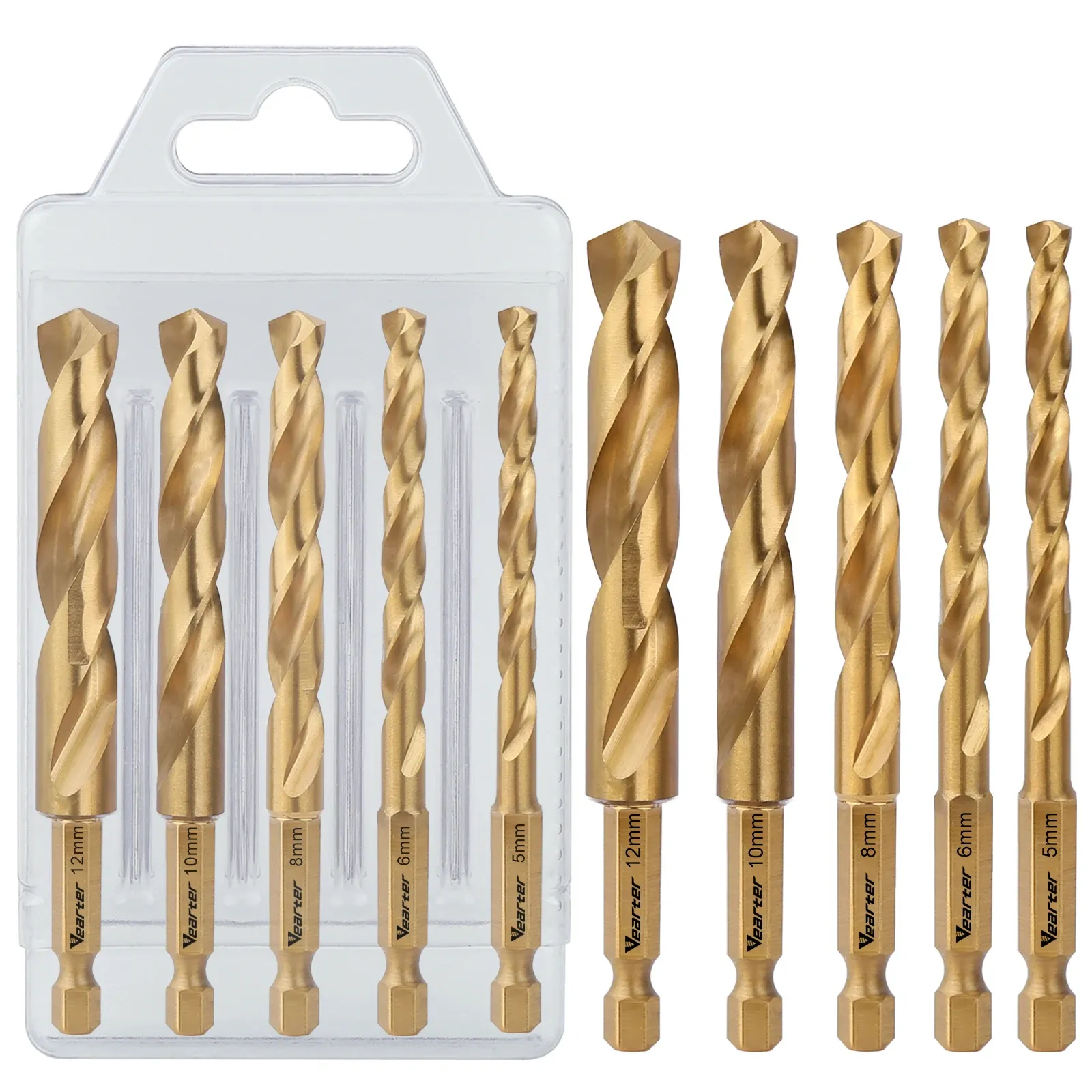 Vearter 5pcs 5/6/8/10/12mm HSS M2 Materialbohrbit Set Titanium Twistber Loch Säge 1/4 '' Hex Shank für Metallplattenholz PVC