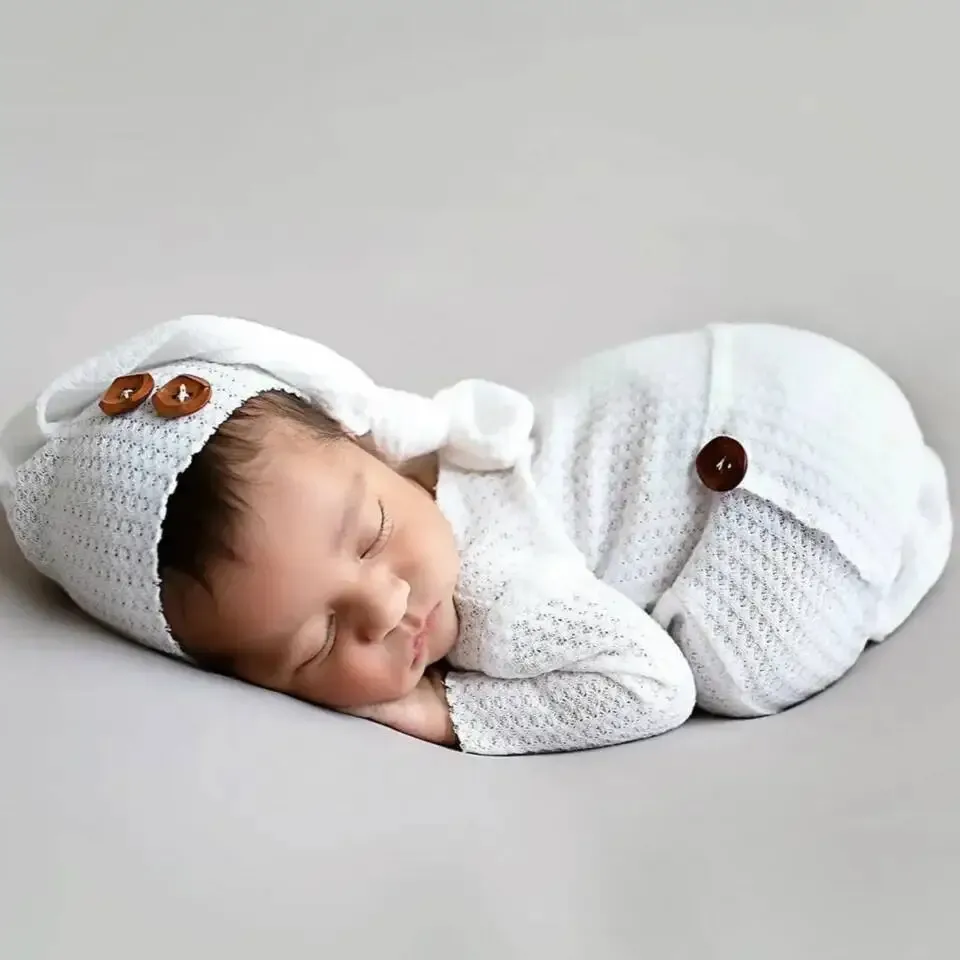 Newborn Photography Jumpsuit Buttons Hat Back Pocket Baby Boy Girl Photo Shooting Props Clothes Infant Bodysuit