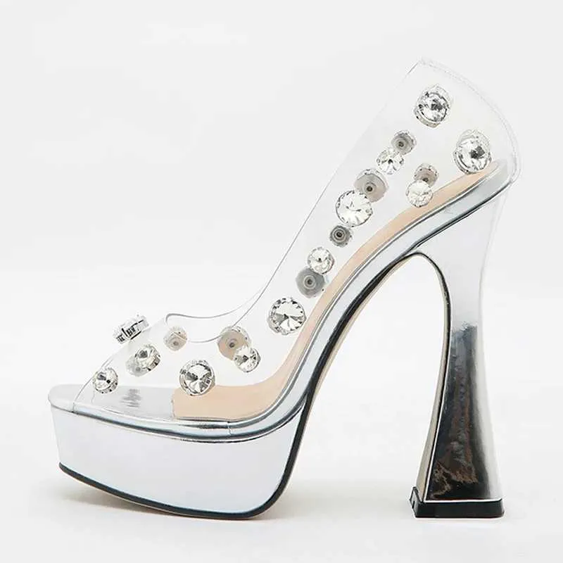 Dress Shoes 2024 Nieuwe mode dames High Heel PVC Transparant Peep Toe Platform Chunky Sandals Crystal Rhinestone Women Pumps Maat 41 H240409 3LGZ