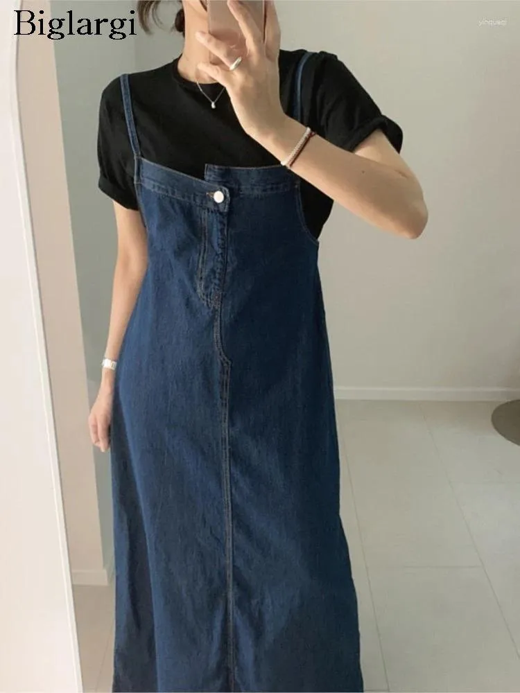 Casual Dresses Denim Spring Summer Sleeveless Slip Dress Women Split Fashion Ruffle Pleated Ladies Korean Style Loose Woman Long