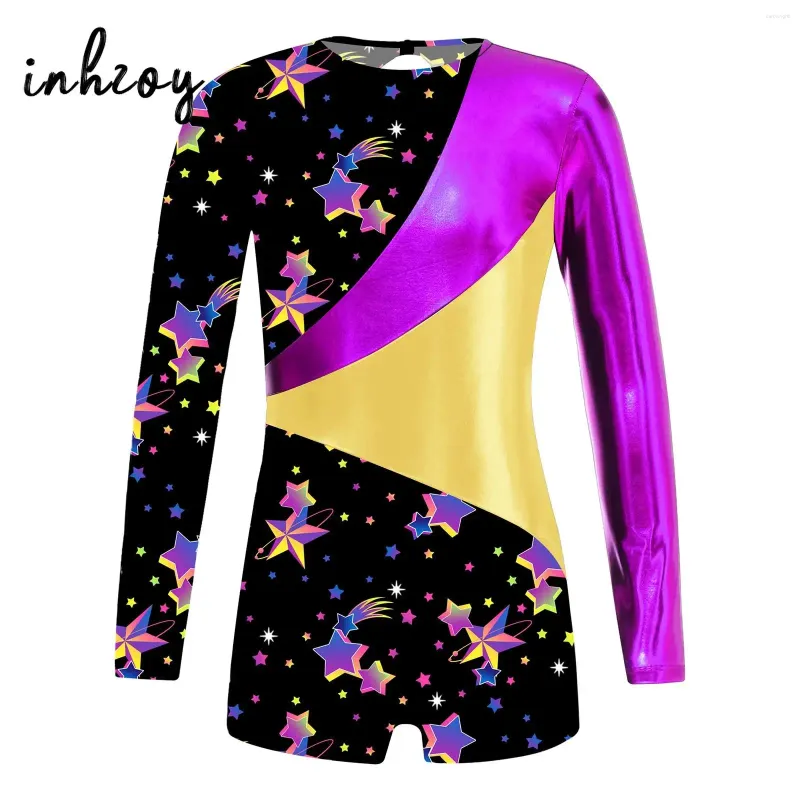 Scene Wear Kids Girls Shiny Metallic Long Sleeve Ballet Leotards Gymnastik Dance Biketard Athletic Short Jumpsuit för konståkning