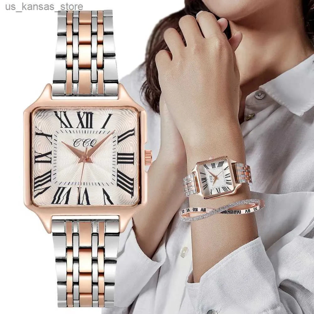 Zegarek moda es luksusowe marki kwadratowe rzymskie nadgarstki swobodny żeński kwarcowy zegar prosty stal nierdzewna Odłączona pasek240409