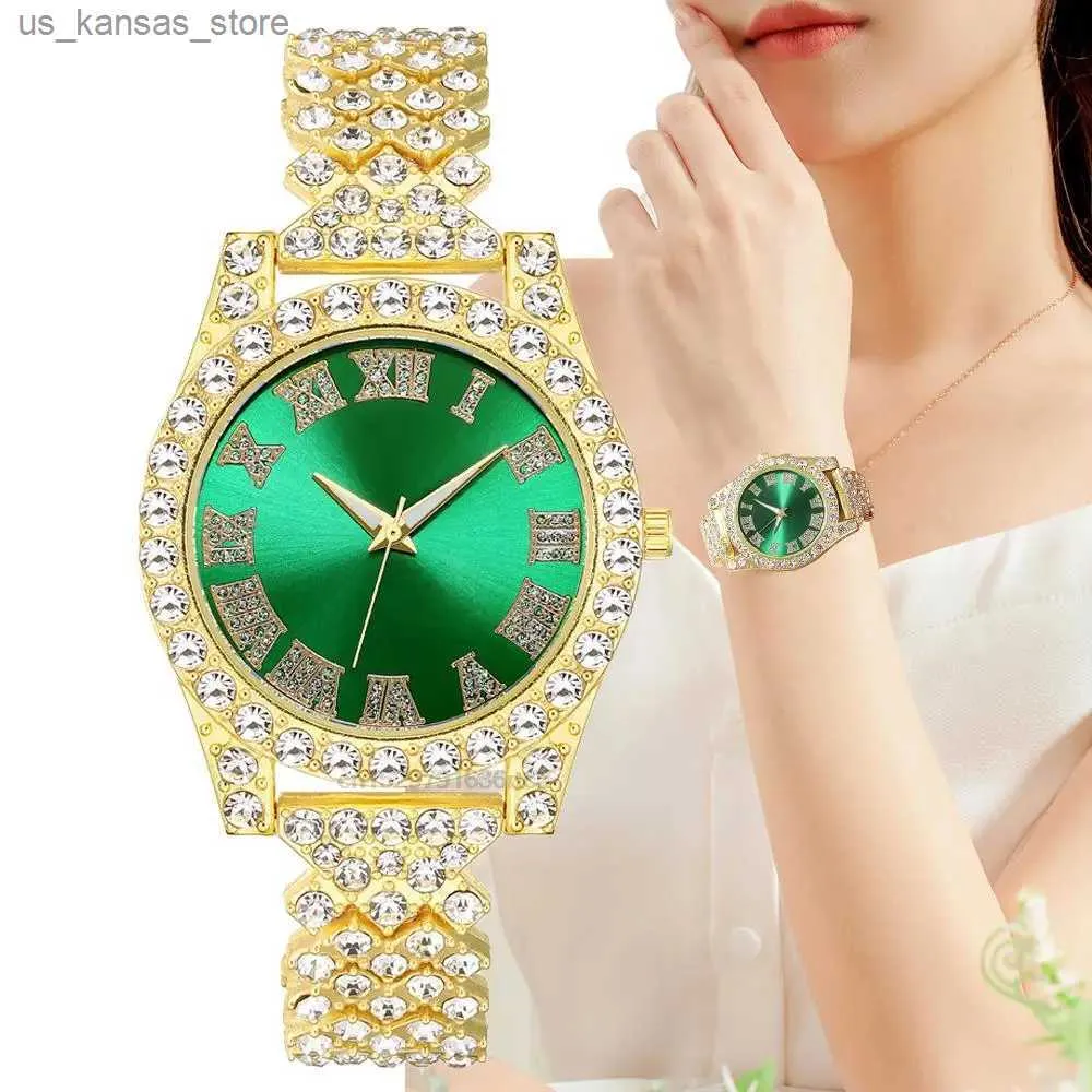 Наручительные часы Fashion 2022 Crystal Diamonds Green Rome Design Женская кварцевая повседневная сталь из нержавеющей стали ремешки подарки Clock240409