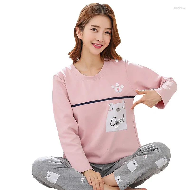 Accueil Vêtements Pyjamas à manches longues pour femmes Set Automne Coton Coton Pyjama Femelle Round Nou Loisure Sweet Loose Ladies Homewear