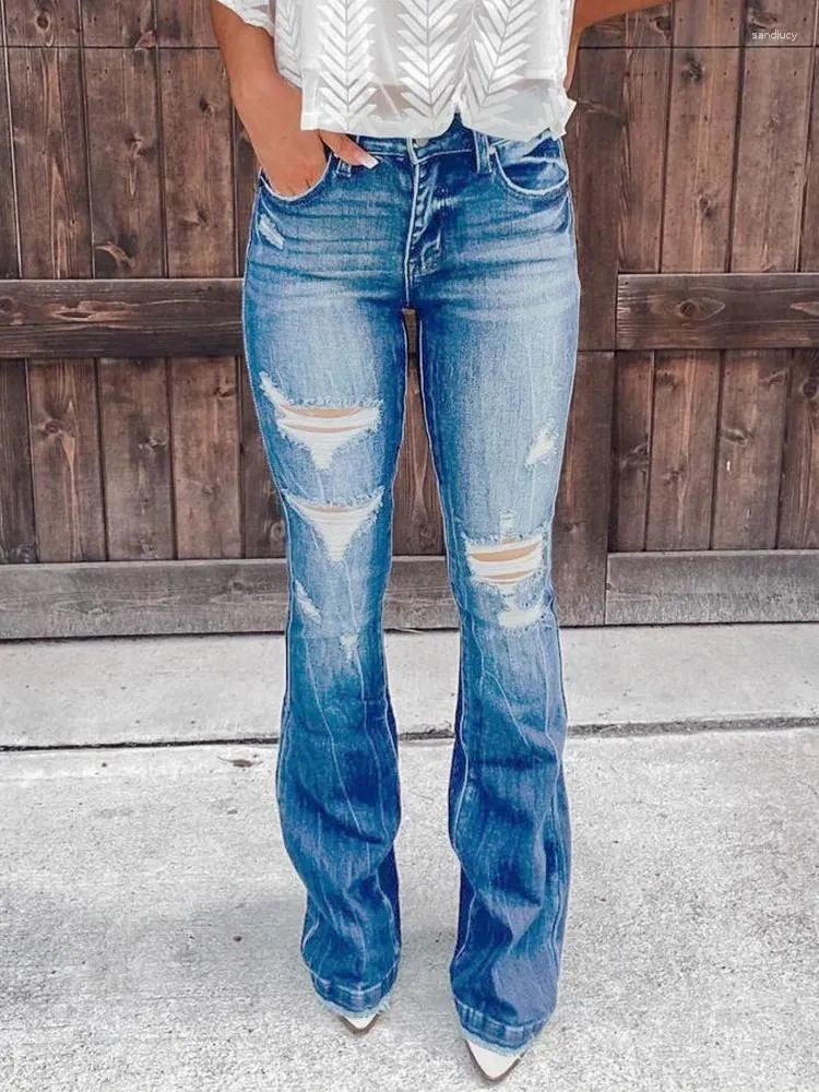 Kvinnors jeans kvinnor sträcker mager flare rippade dam hög midja byxor klocka botten ben vintage streetwear hål mamma kontor byxor