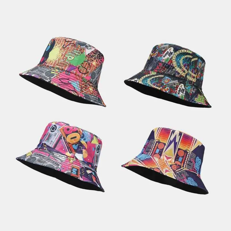 New Graffiti Hat Men Women Nostalgia Classic Te Pattern hip-hop double-sided Wear Pot Hat Outdoor Sun Hat Free Shipping