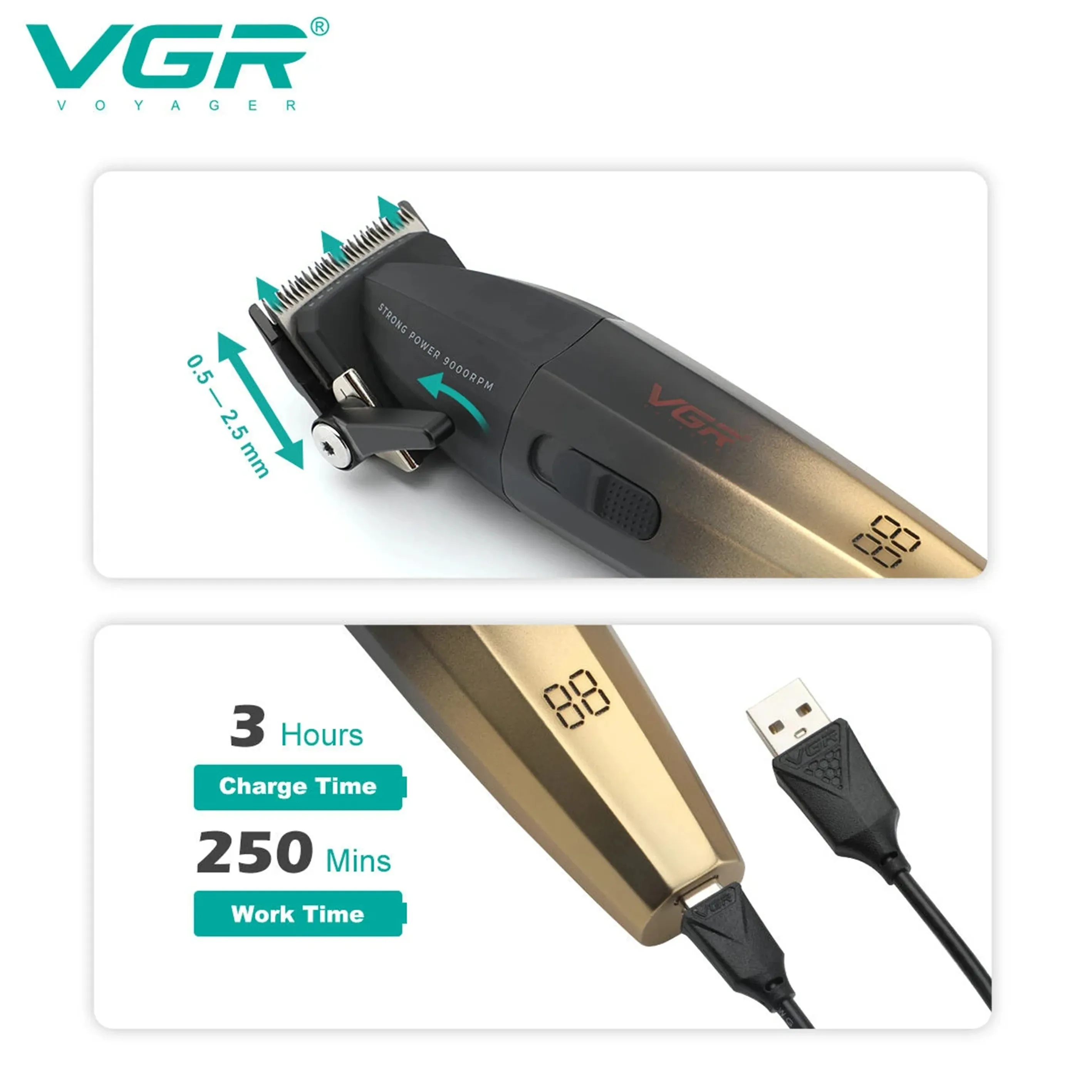 VGR V003フルメタルUSBメンズバーバーマシンプロフェッショナルヘアクリッパーメン用セラミックブレードヘア切断機9000 rpm