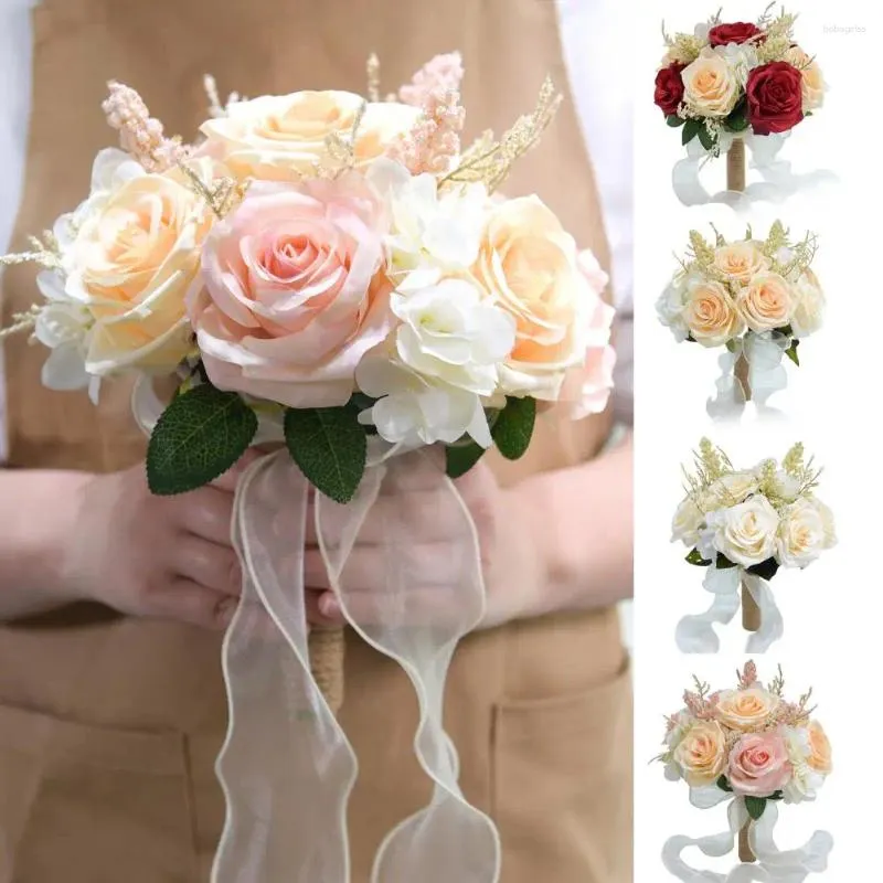 Dekorative Blumen Hochzeit künstliche Rosenstrauß Band Bowknot Grüne Blätter realistischer eleganter Braut gefälschter Blumenparty Vorräte