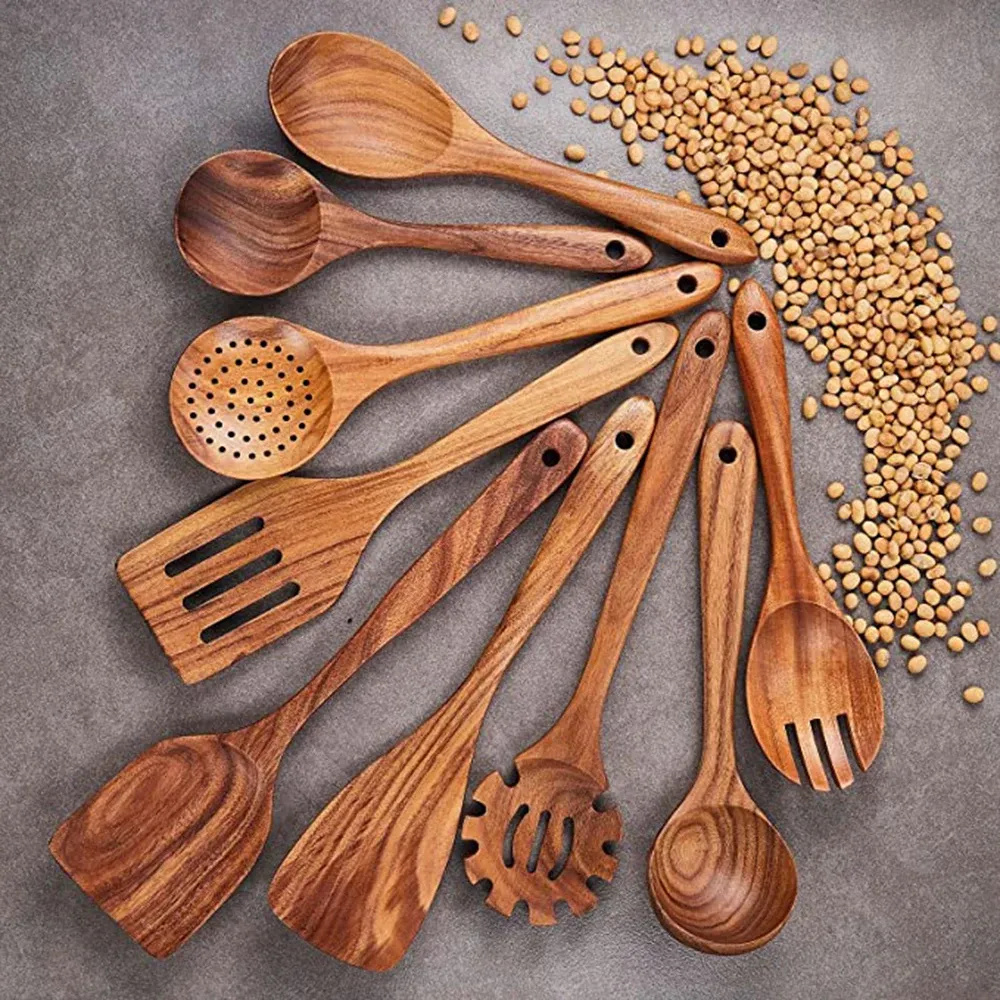 1-9pcs/set di utensili da cucina in legno set, cucchiai in legno per cucina, utensili, cucchiai in legno in teak naturale per regalo di padella antiaderente