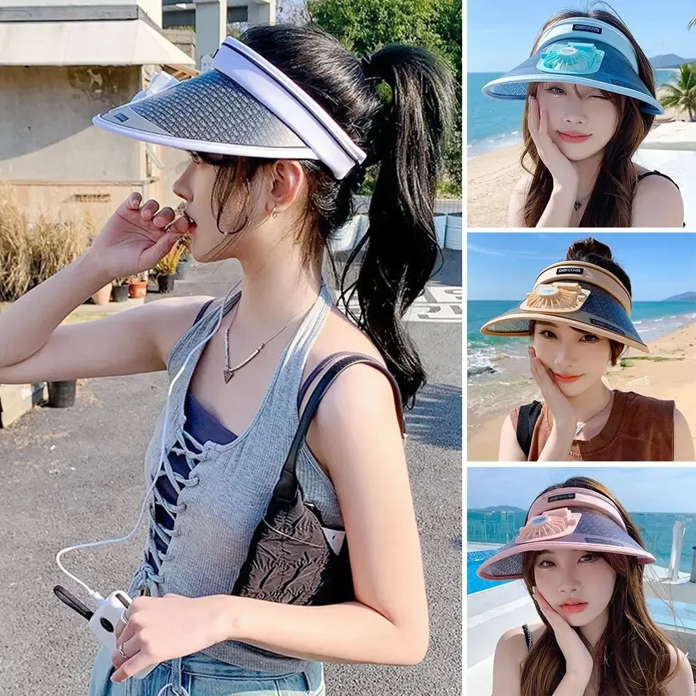 UV Protection Sun Visor Hat Fashion with Fan Wide Brim Casual Cap Breathable Empty Top Outdoor240409