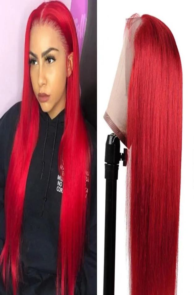 Peruca de renda reta longa peruca vermelha de cor brasileira perucas de cabelo humano para mulheres 28 polegadas Pré -explosão HD Synthetic WIG9091219