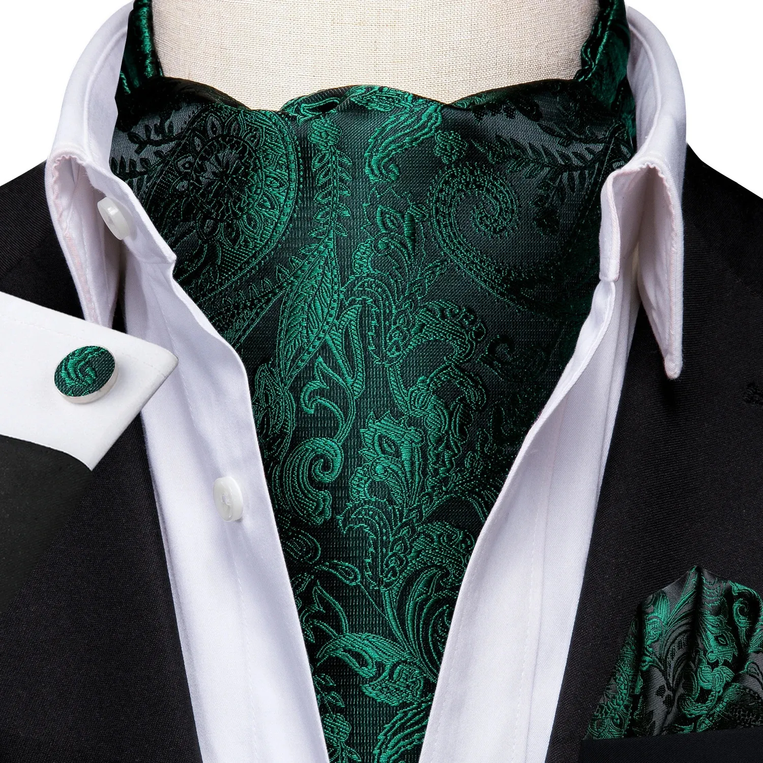 HITIE Silk Green Mens Ascot Tie Pocket Square CuffLinks Set Jacquard Woven Cravat Male Groomsmen Wedding Business Events 240409