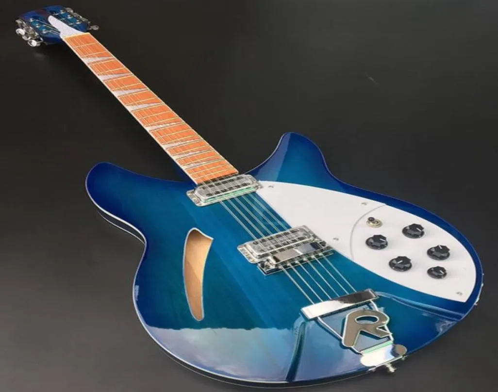 Rare 12 cordes trans bleu semi creux de guitare électrique gloss vernis en rose en rose 2 pick-ups de grille-pain à deux jacks de sortie 9124794