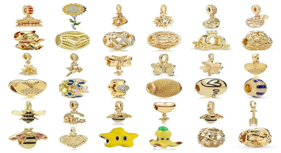 925 Silver Charm Beads Dangle Gold Color Lucky Cat Bee Pineapple Diy Bead Fit Charms Armband DIY smycken Tillbehör5212577