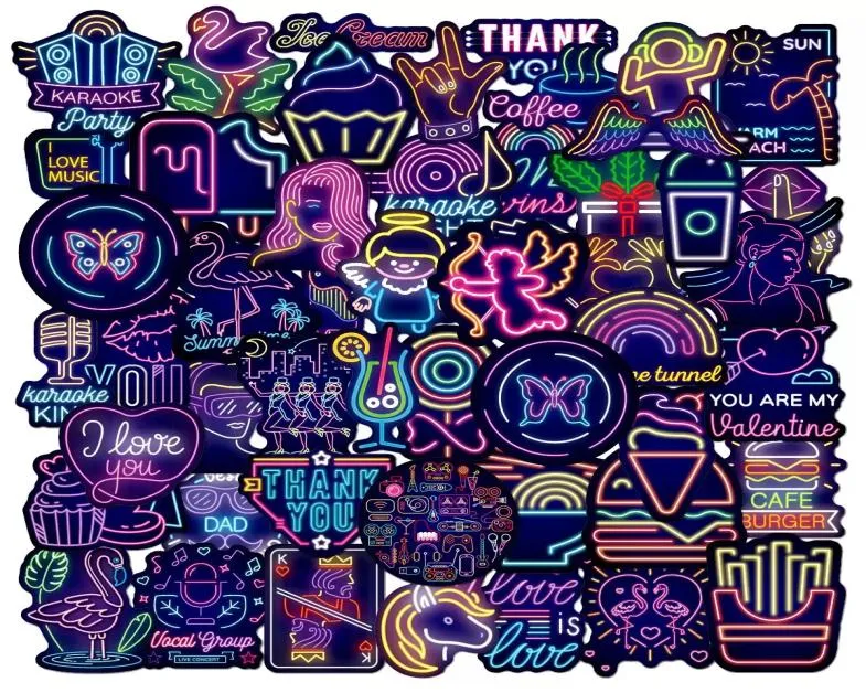 50Pcs Mixed Neon Light Cartoon Stickers DIY Snowboard Laptop Luggage Guitar Cool Graffiti Waterproof Sticker Toys8841049