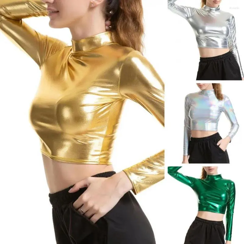 Frauenblusen Frauen Club Top halbhöhe Kragen glänzende Oberfläche dünne Taille-exponierte Feste Farbe Pullover Lady Dance Performance Party Ernte