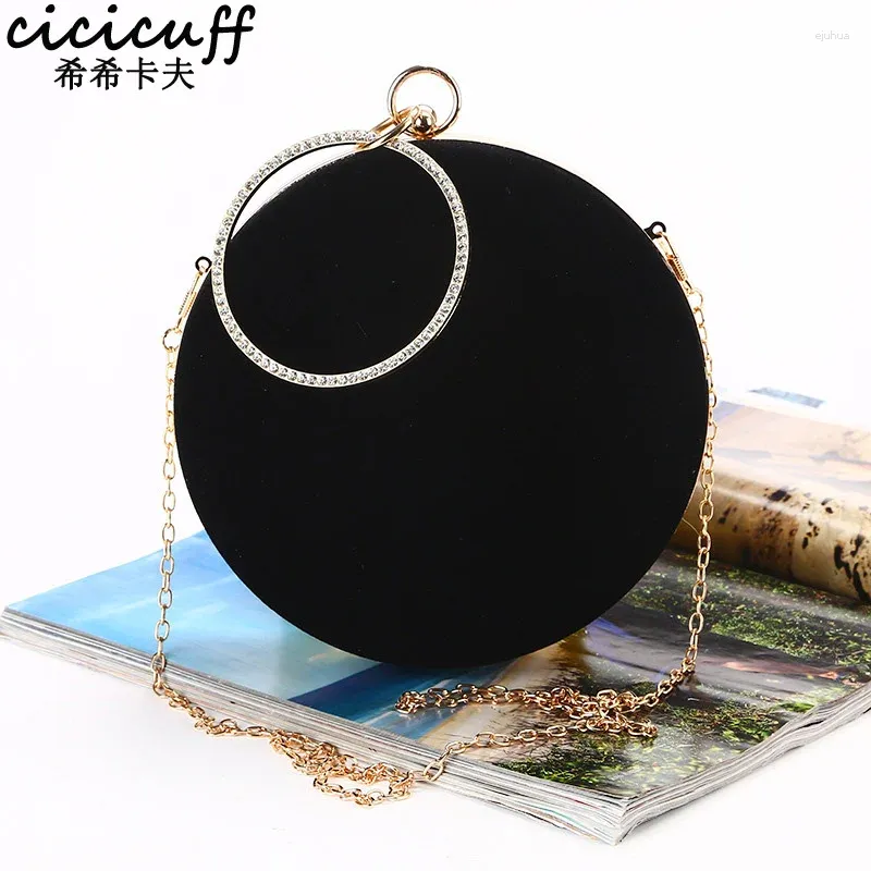 Evening Bags CICICUFF 2024 Handmade Round Circular Shape Clutch Bag Women Soft Velvet Chain Shoulder Messenger Classic Black