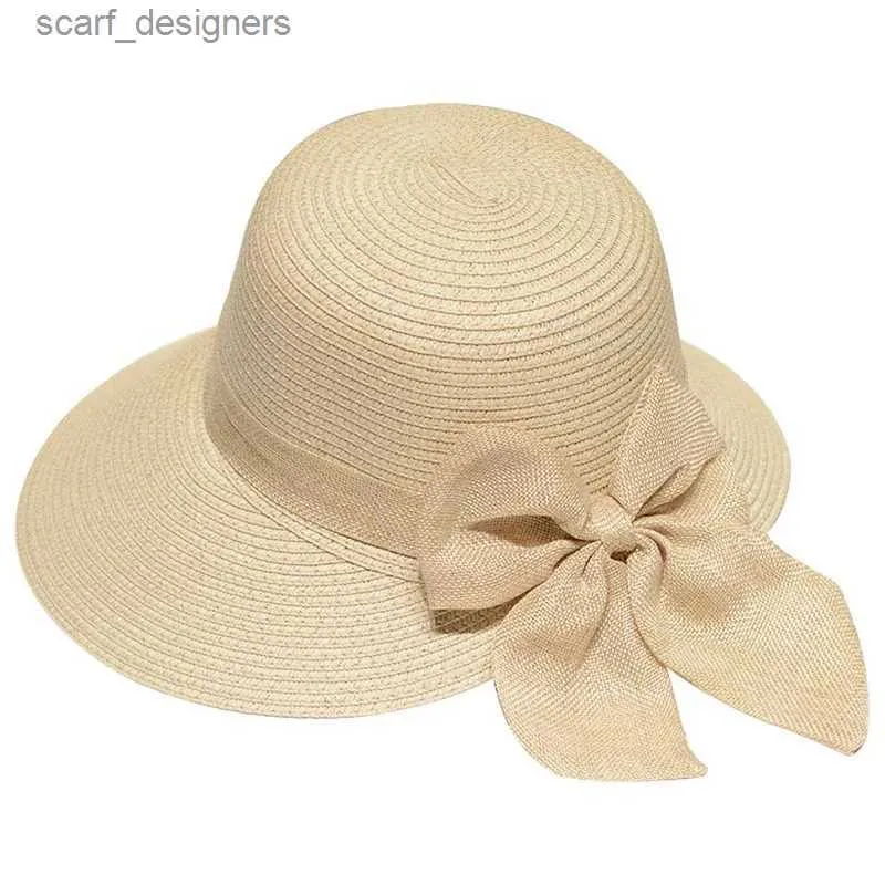 Chapéus de balde largura Chapéus de balde Lady Lady New Bowknot Straw chapéu de palha adulto Verão Protetor solar Cap brim abrangente Estudantes de Raffia Fresh Shading Sun Cap dobrável Y240409