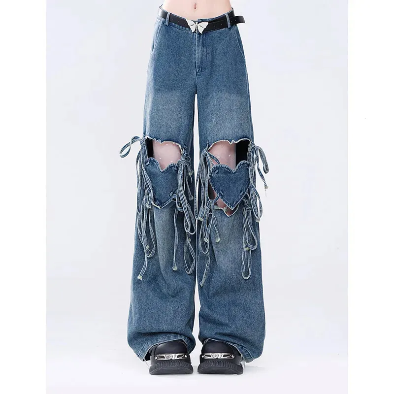 Dames y2k jeans Harajuku 90s esthetisch baggy bandy verbandendenbroeken Koreaans hart uitgehold uit jean broek vintage 2000s kleding 240401