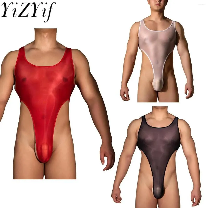 Kvinnors badkläder herrar sexig underkläder bodysuit högklippt bulge påse jockstrap leotard ärmlösa gym