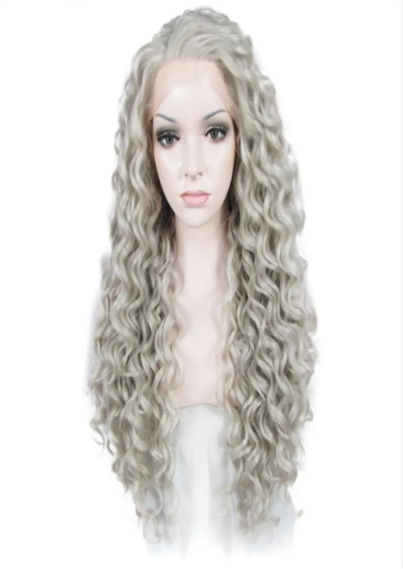 Gray Long Kinky Curly Wig Lace Front Wigs Women Heat Resistant Fiber Hair Glueless Grey Color Synthetic Lace Wig Cosplay5931660