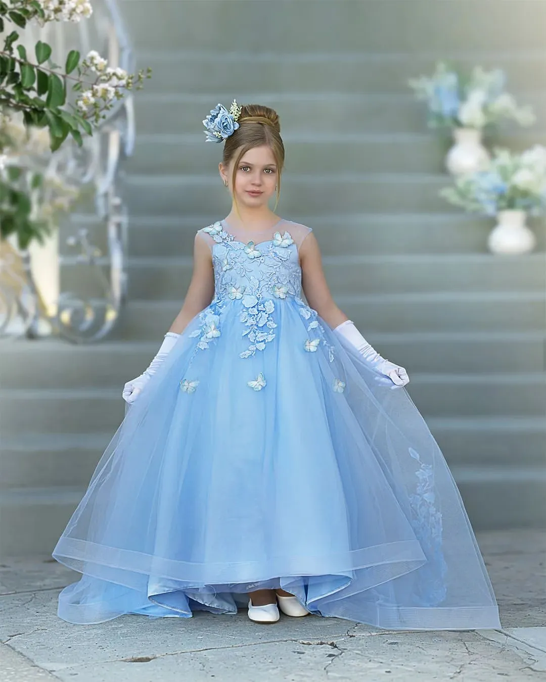 Baby Blue Flower Girls Dress Tulle Floor-Length Sleeveless Princess  Silhouette for Toddler Girls