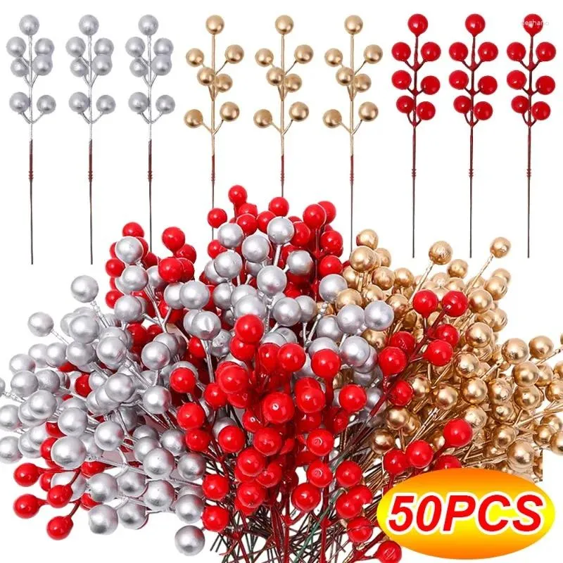 Flores decorativas 10/50pcs Artificial Christmas Berry Red Gold Fake Berries Branch Diy Garland Natal Tree Ornament Table Decor Decor Fruit