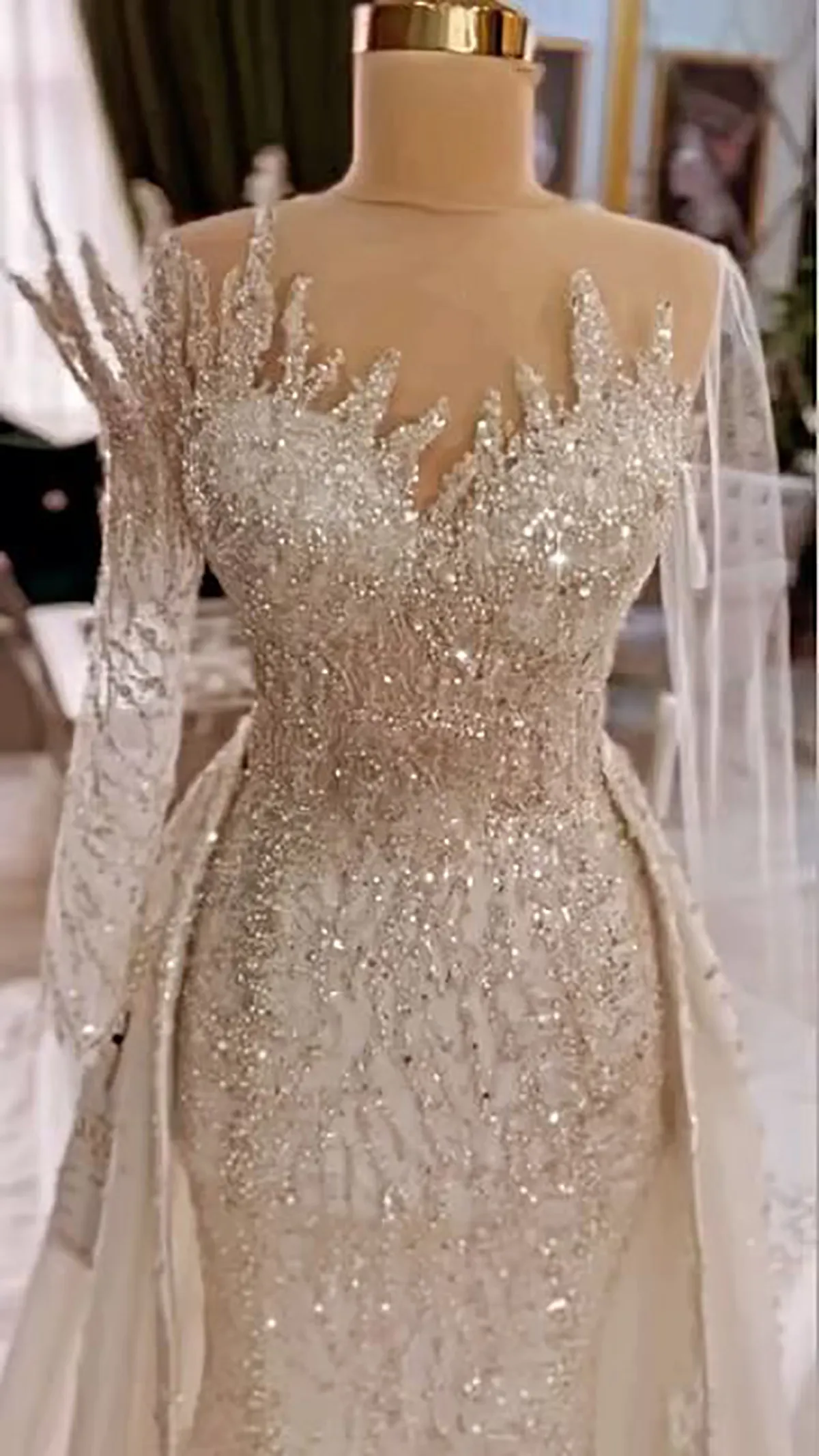 Vintage Mermaid Wedding Dresses Irregular Design Sequins Pearls Beads Tulle Sleeves Court Gown Custom Custom Made Plus Size Bridal Gown Vestidos De Novia