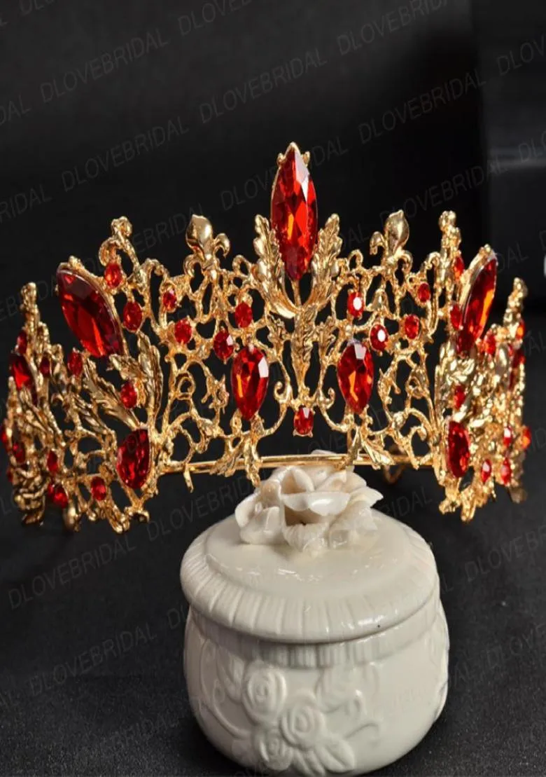 Tiara de noiva de ouro de ouro com cristal vermelho de alta qualidade, atordoante, coroa de concurso sem pente brithday party po hair acessórios 2916127