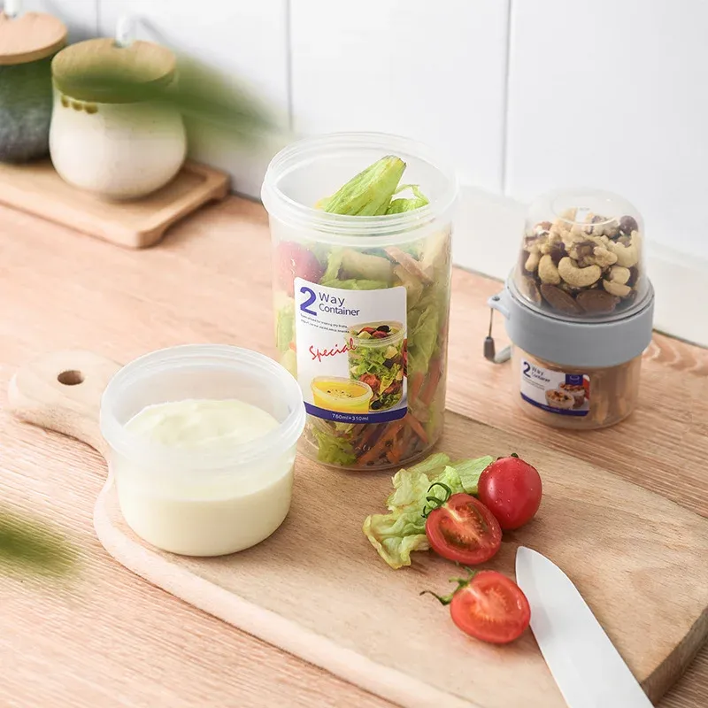 Breakfast Oatmeal Cereal Seal Salad Cup Portable Two-layers Cup Container with Fork Cup Lid Tuppers Food Taper Bowl Lunch Box