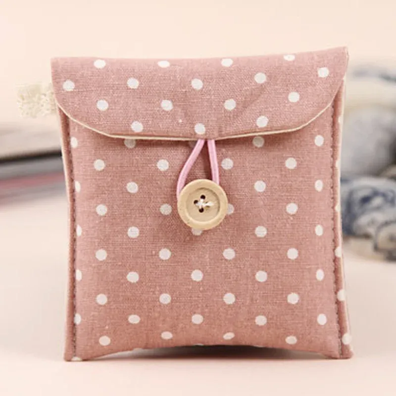 2024 Girl Polka Dot Cotton Lenen Lensing Saning Pad Pounce Mucker Touts Tatel Bag Buck Cosmetics Organizer Magnizer Сумка для санитарной прокладки Организатор мешочка