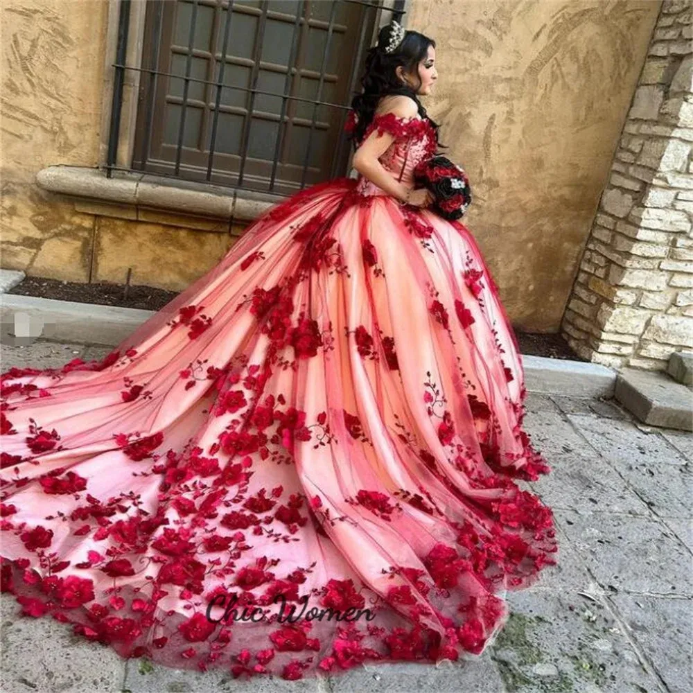 red and pink quince dress Red Princess Quinceanera Tulle Off-Shoulder Corset Ball Gown