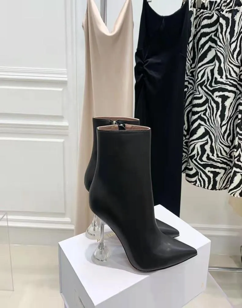 Amina Muaddi Fashion Season Shoes Italië Giorgia enkelschoenen kubieke plexi hakken zwart echt leer XUG5595302